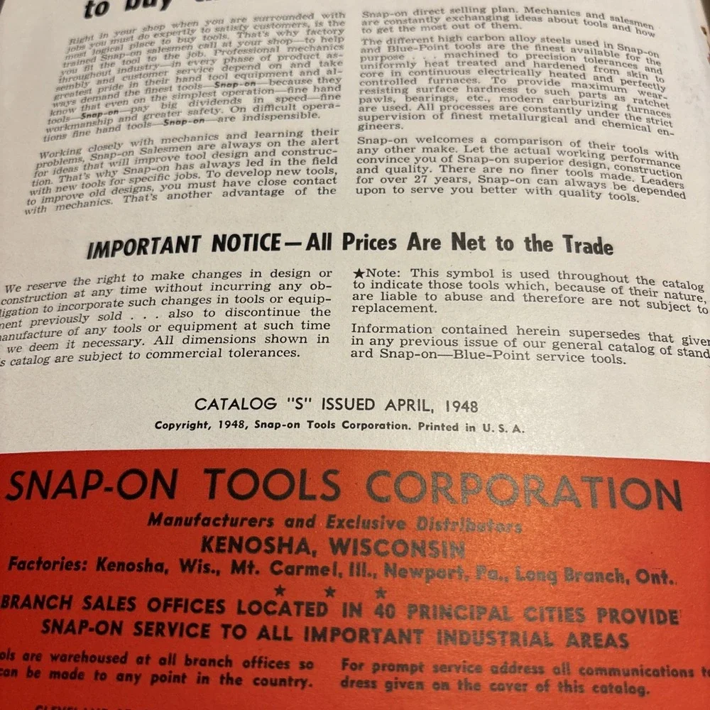 Rare Vintage 1948 Snap-on Tools Catalog S Blue-Point Mechanic Tool Automotive